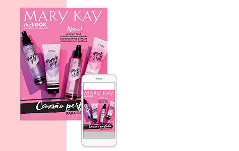 Um celular e em sua tela um catálogo Mary Kay