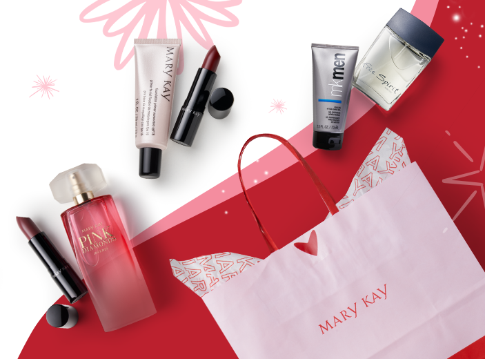 sacola presente e produtos de maquiagem Mary Kay