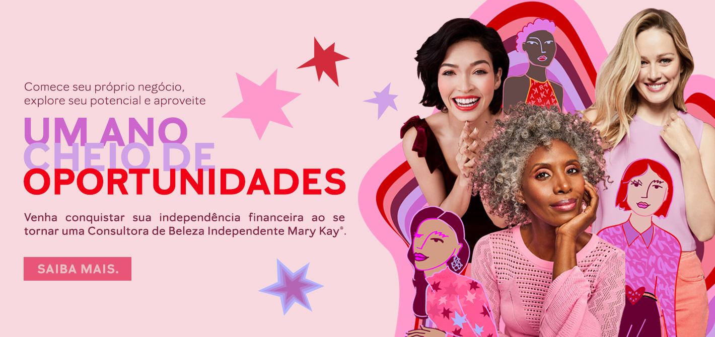 Quadro colorido com três mulheres sorrindo e um fundo rosa com desenhos de mulheres